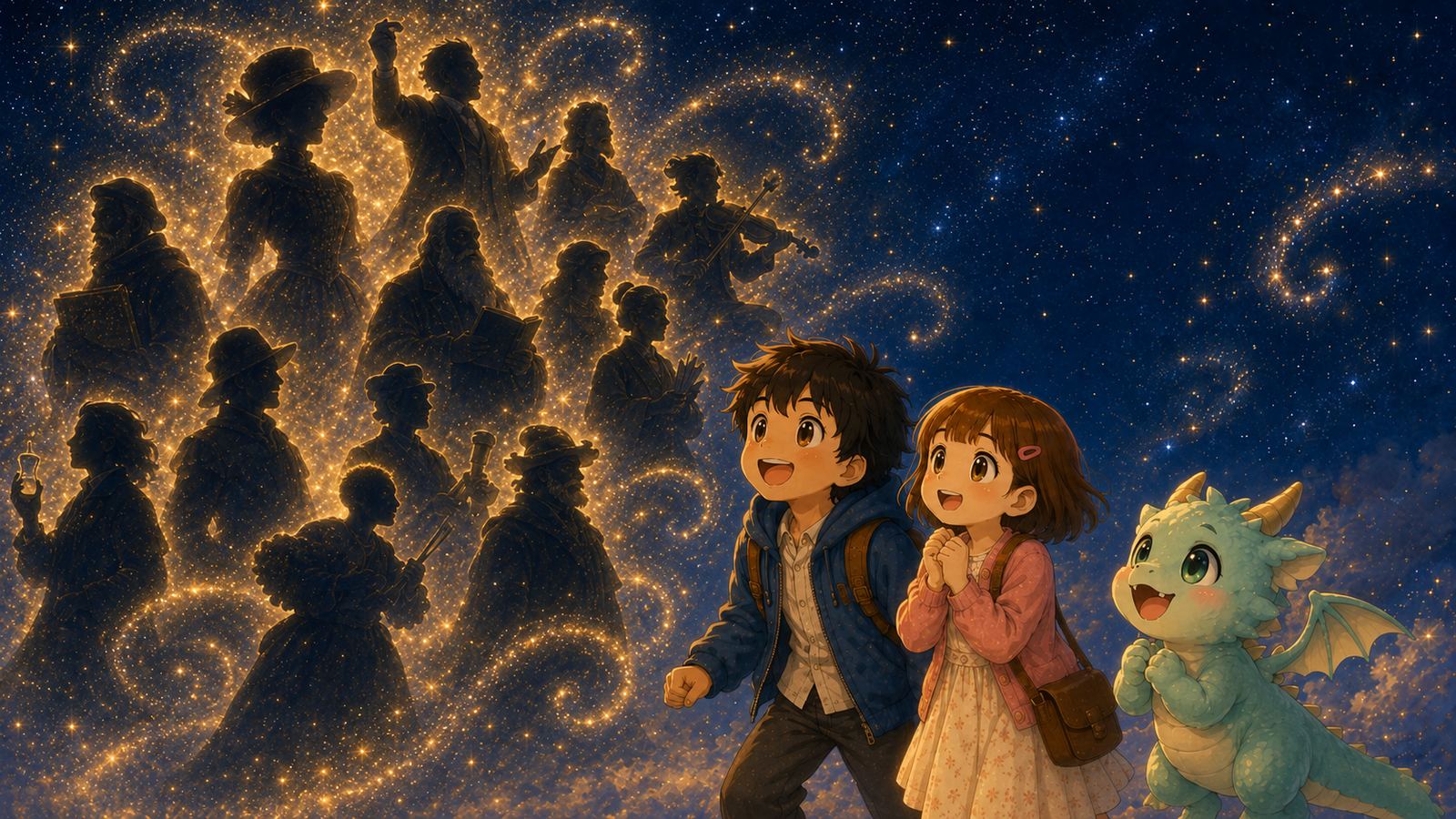 夜空に浮かぶ、いろんな時代・分野のさまざまな偉人のシルエットを見上げる3人