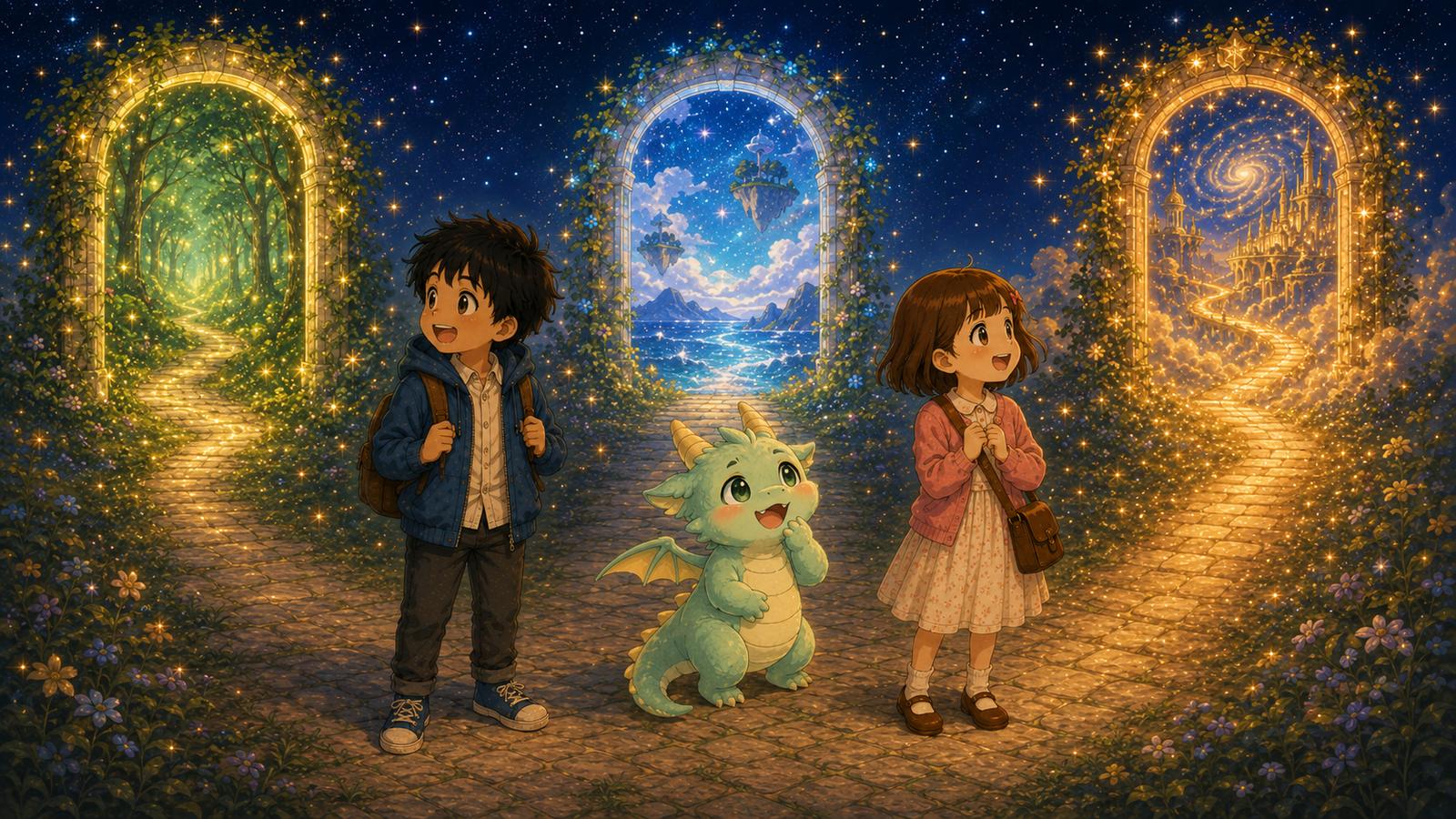 それぞれ別の魅力で輝く三つの門。ふうとあみは別々の門にときめき、バルジャンは真ん中で楽しく悩む